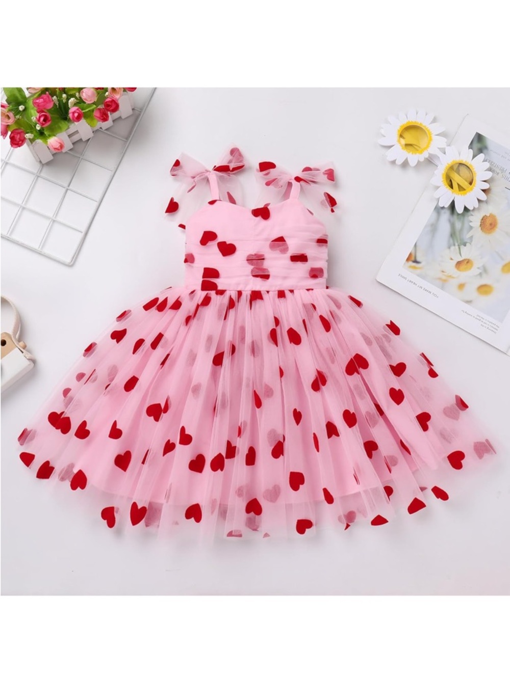 Pink Tulle Heart Print Dress with Red Hearts